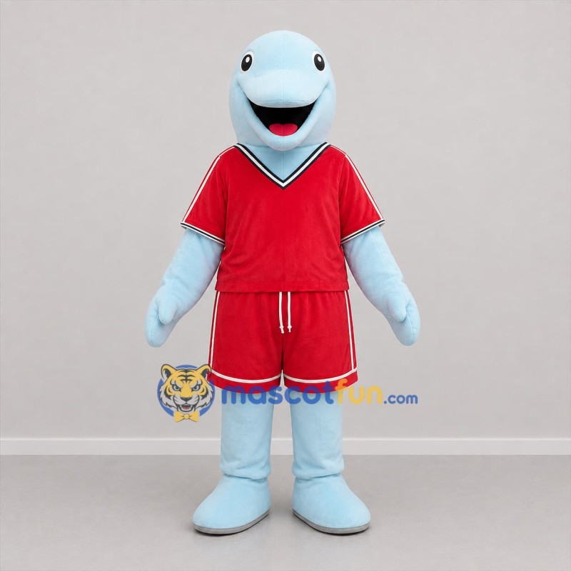 Custom Light Blue and Red Aquatic Animal Mascot Costume Adult Full Body Suit for Sports Events