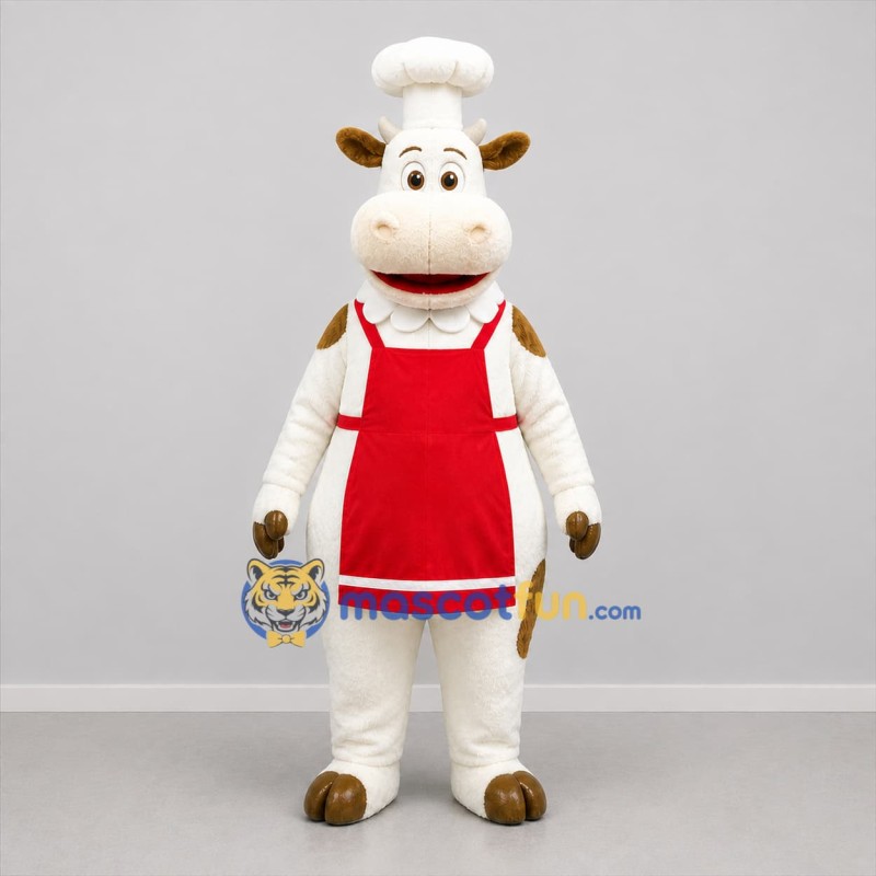 Custom White Brown and Red Chef Cow Mascot Costume Adult Full Body Suit for Food Promotions