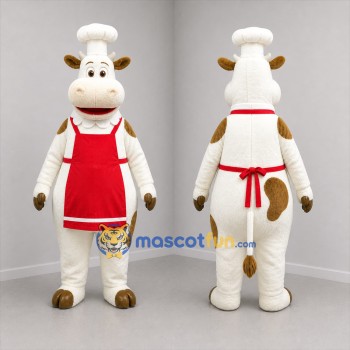 Custom White Brown and Red Chef Cow Mascot Costume Adult Full Body Suit for Food Promotions