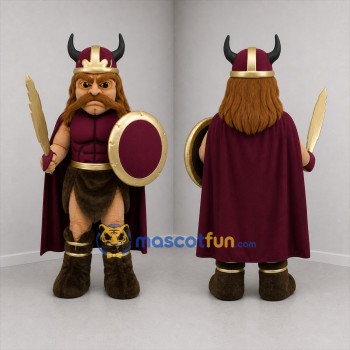 Custom Burgundy and Gold Viking Warrior Mascot Costume Adult Full Body Suit for Medieval Festivals