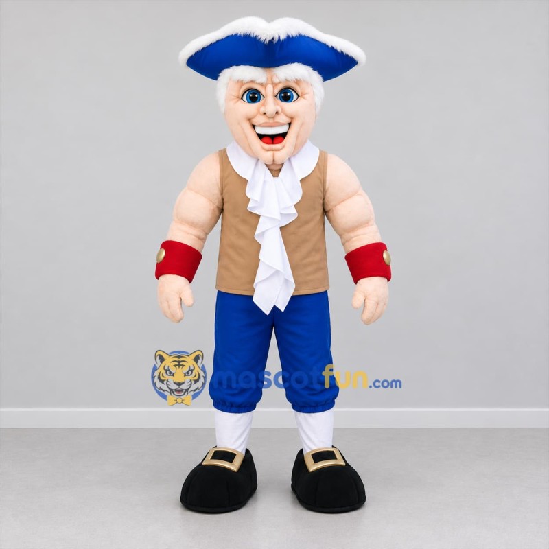 Custom Blue and Brown Colonial Man Mascot Costume Adult Full Body Suit for Historical Parades