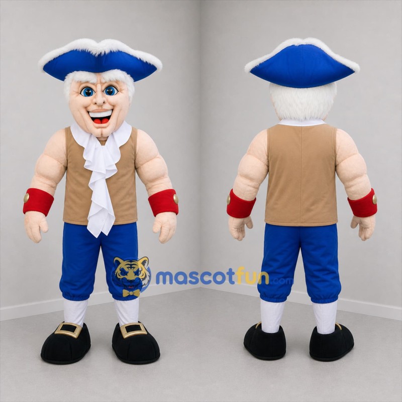 Custom Blue and Brown Colonial Man Mascot Costume Adult Full Body Suit for Historical Parades