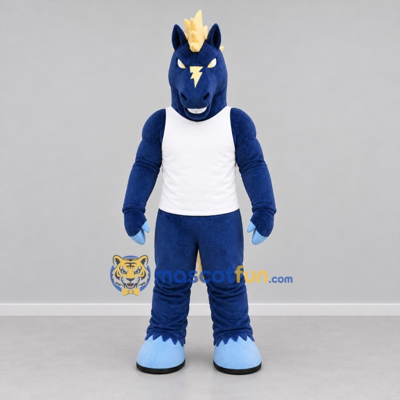 Custom Navy Blue and Gold Horse Mascot Costume Adult Full Body Suit for Sports Events