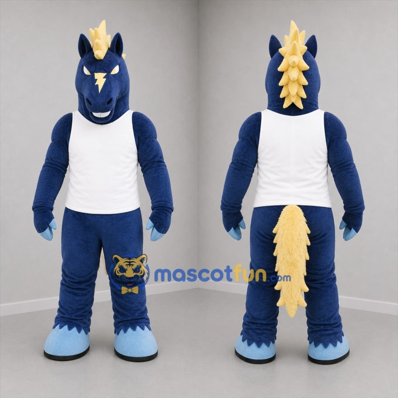 Custom Navy Blue and Gold Horse Mascot Costume Adult Full Body Suit for Sports Events