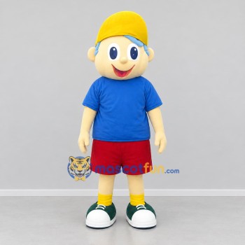 Custom Blue Red and Yellow Boy Mascot Costume Adult Full Body Suit for Children's Events