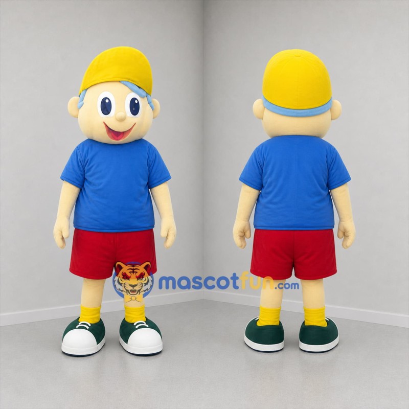 Custom Blue Red and Yellow Boy Mascot Costume Adult Full Body Suit for Children's Events