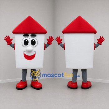 Custom White and Red House Mascot Costume Adult Full Body Suit for Real Estate Promotions