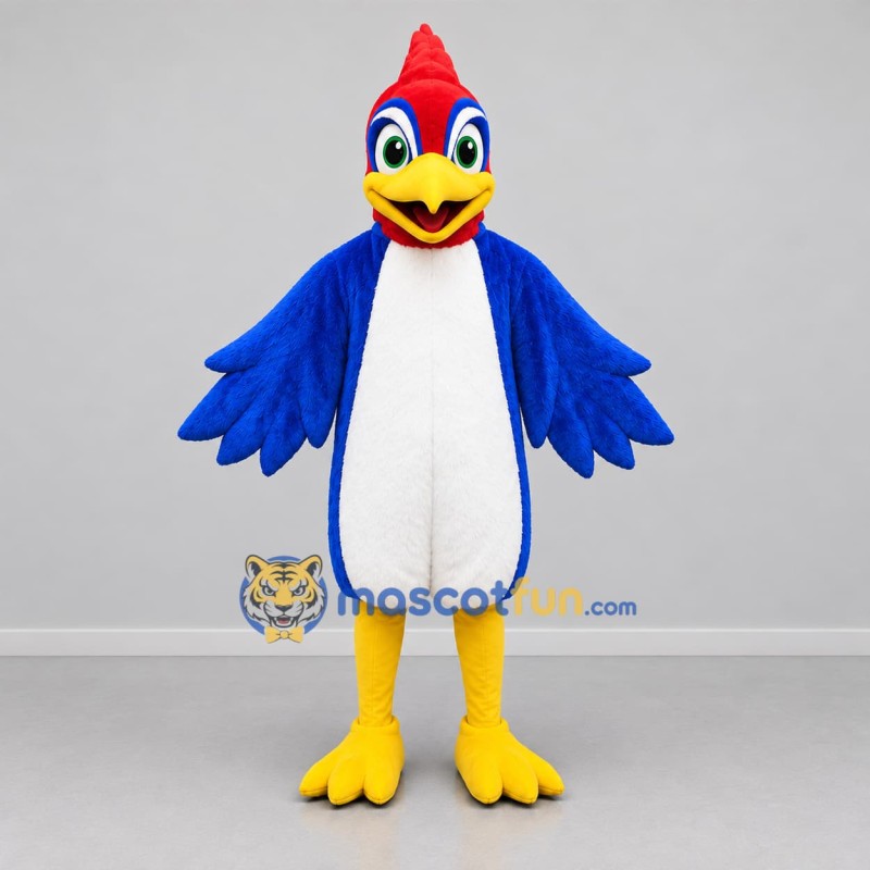 Custom Blue Red and White Woodpecker Mascot Costume Adult Full Body Suit for School Events