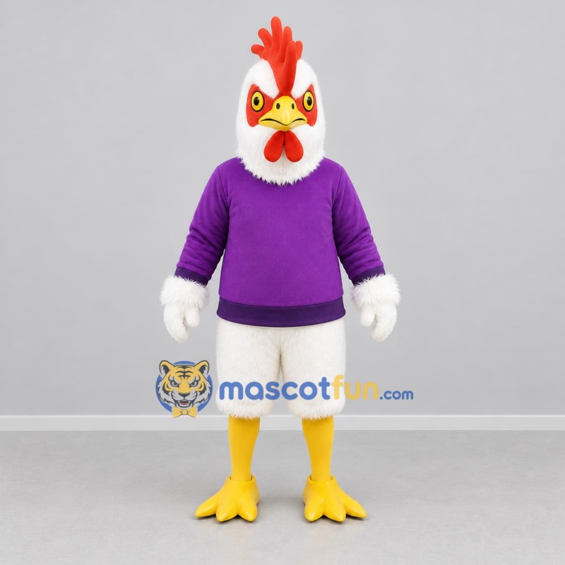 Custom White and Purple Rooster Mascot Costume Adult Full Body Suit for Farm Events