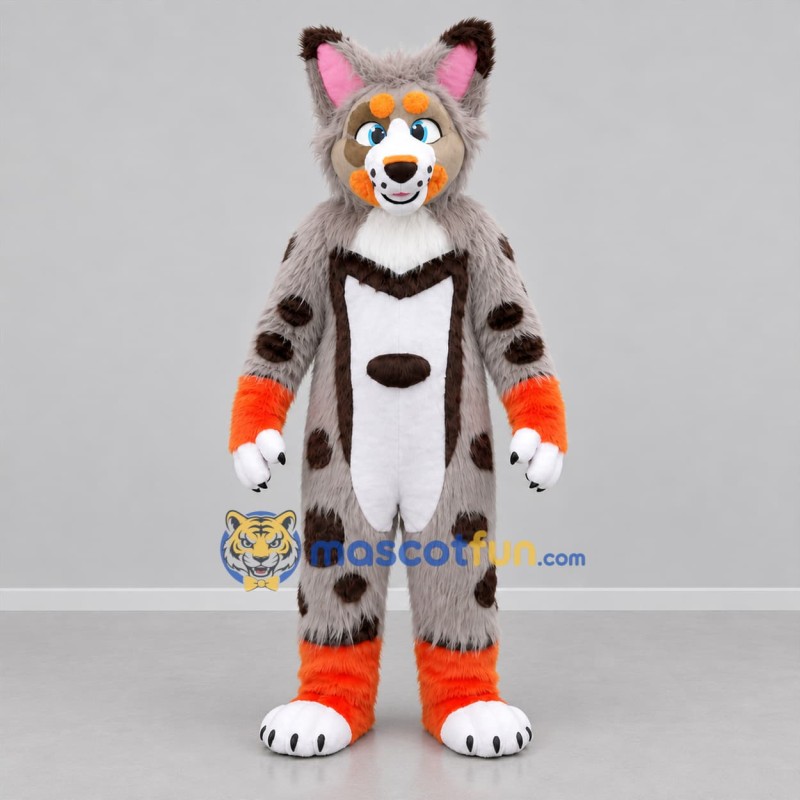 Custom Gray and Orange Lynx Mascot Costume Adult Full Body Suit for Wildlife Events