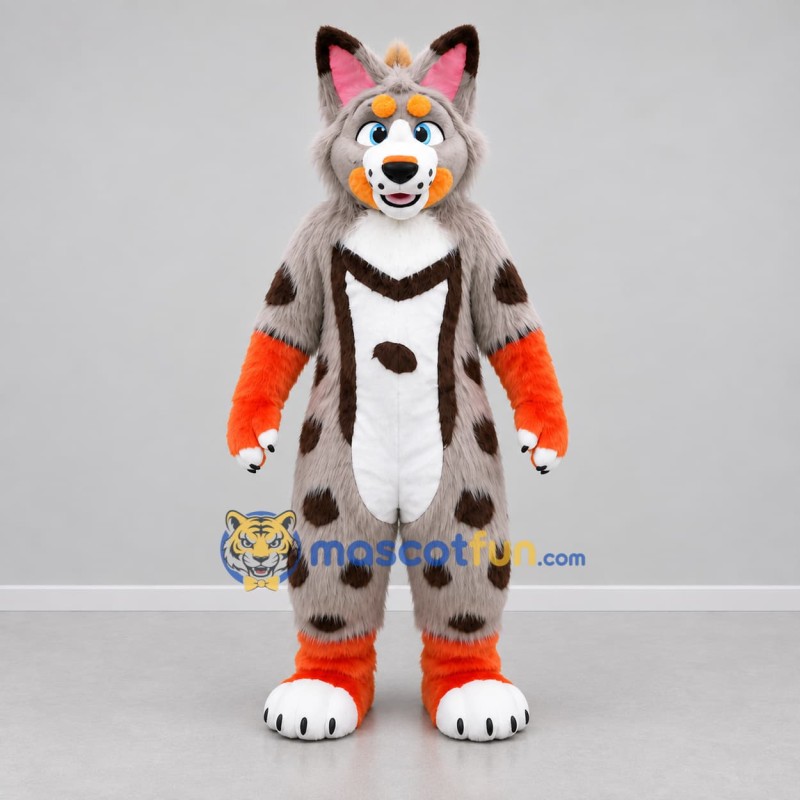 Custom Gray and Orange Lynx Mascot Costume Adult Full Body Suit for Zoo Events