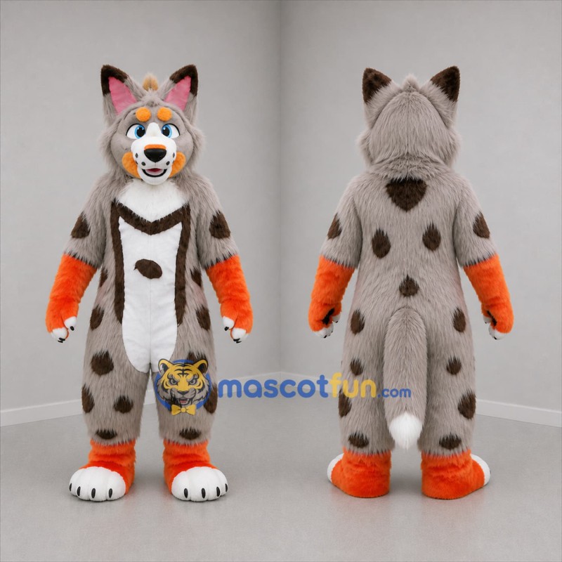 Custom Gray and Orange Lynx Mascot Costume Adult Full Body Suit for Zoo Events