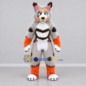 Custom Gray and Orange Lynx Mascot Costume Adult Full Body Suit for Wildlife Events
