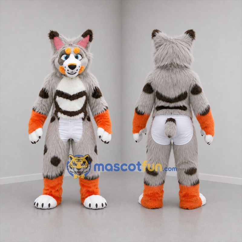 Custom Gray and Orange Lynx Mascot Costume Adult Full Body Suit for Wildlife Events