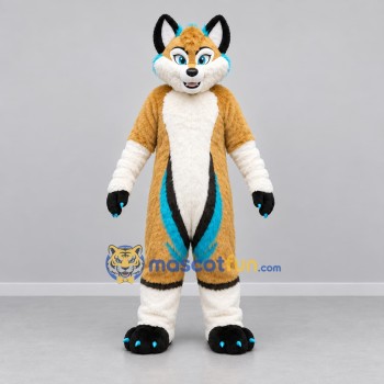 Custom Tan White and Turquoise Fox Mascot Costume Adult Full Body Suit for Costume Parties