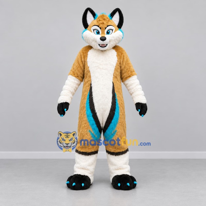 Custom Tan White and Turquoise Fox Mascot Costume Adult Full Body Suit for Costume Parties