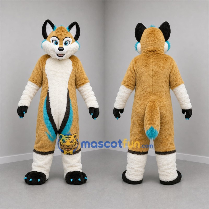 Custom Tan White and Turquoise Fox Mascot Costume Adult Full Body Suit for Costume Parties
