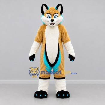 Custom Tan White and Turquoise Fox Mascot Costume Adult Full Body Suit for Children's Events