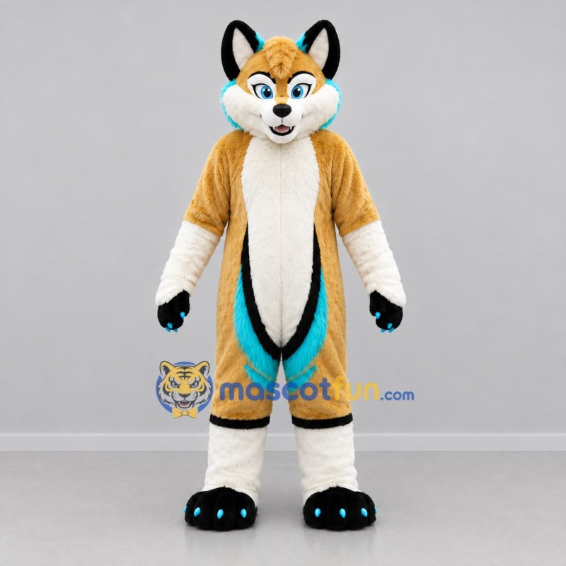 Custom Tan White and Turquoise Fox Mascot Costume Adult Full Body Suit for Children's Events