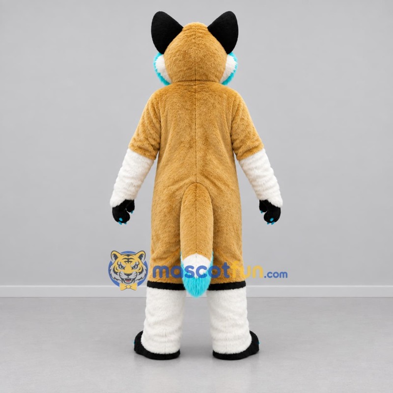 Custom Tan White and Turquoise Fox Mascot Costume Adult Full Body Suit for Children's Events