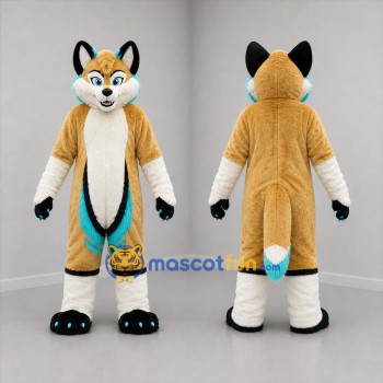 Custom Tan White and Turquoise Fox Mascot Costume Adult Full Body Suit for Children's Events