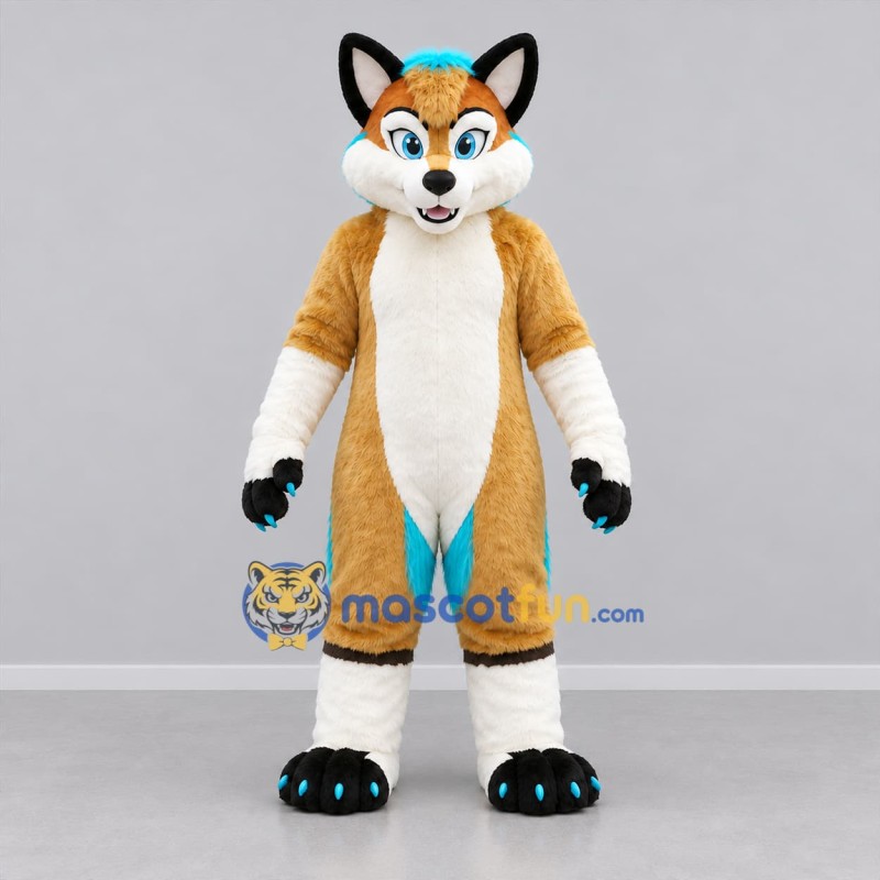 Custom Tan White and Turquoise Fox Mascot Costume Adult Full Body Suit for Costume Parties