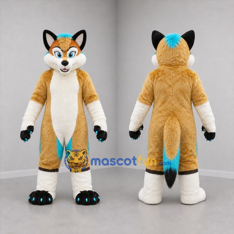 Custom Tan White and Turquoise Fox Mascot Costume Adult Full Body Suit for Costume Parties