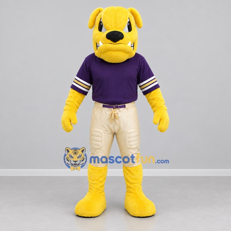 Custom Yellow and Purple Bulldog Mascot Costume Adult Full Body Suit for Sports Events