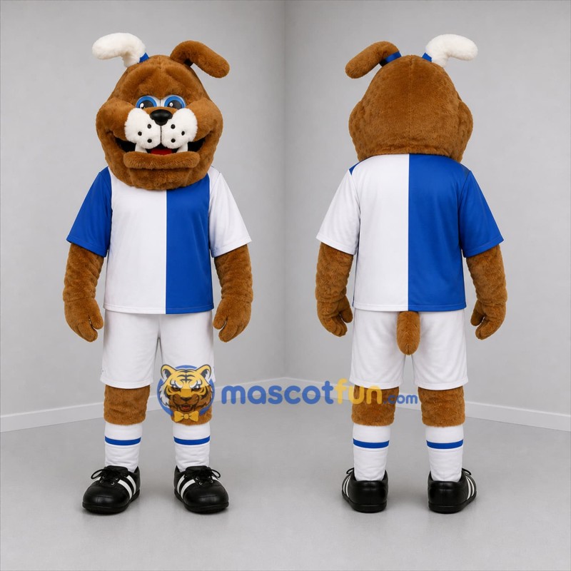 Custom Brown Blue and White Soccer Dog Mascot Costume Adult Full Body Suit for Soccer Games
