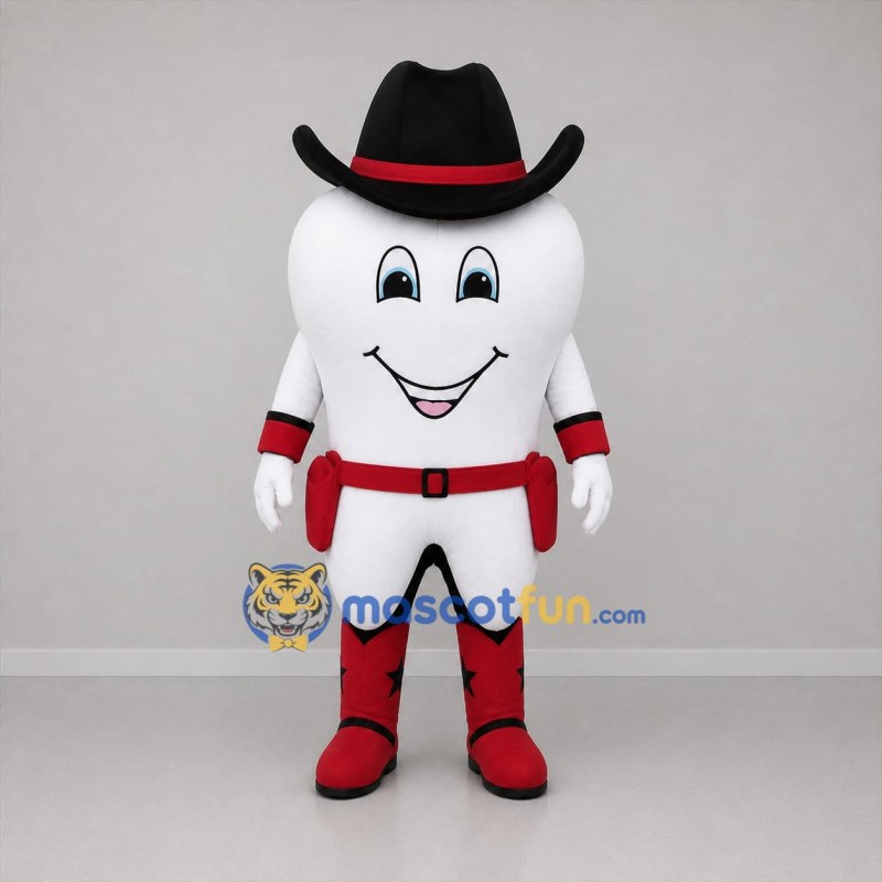 Custom White and Red Cowboy Tooth Mascot Costume Adult Full Body Suit for Dental Events