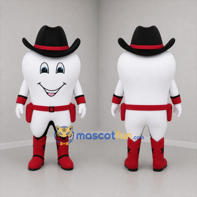 Custom White and Red Cowboy Tooth Mascot Costume Adult Full Body Suit for Dental Events