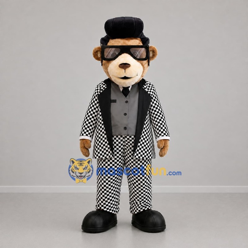 Custom Brown Black and White Rock Singer Bear Mascot Costume Adult Full Body Suit for Music Events