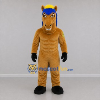 Custom Tan Blue and Yellow Horse Mascot Costume Adult Full Body Suit for Sports Events