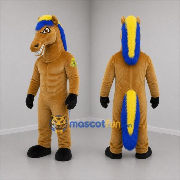 Custom Tan Blue and Yellow Horse Mascot Costume Adult Full Body Suit for Sports Events