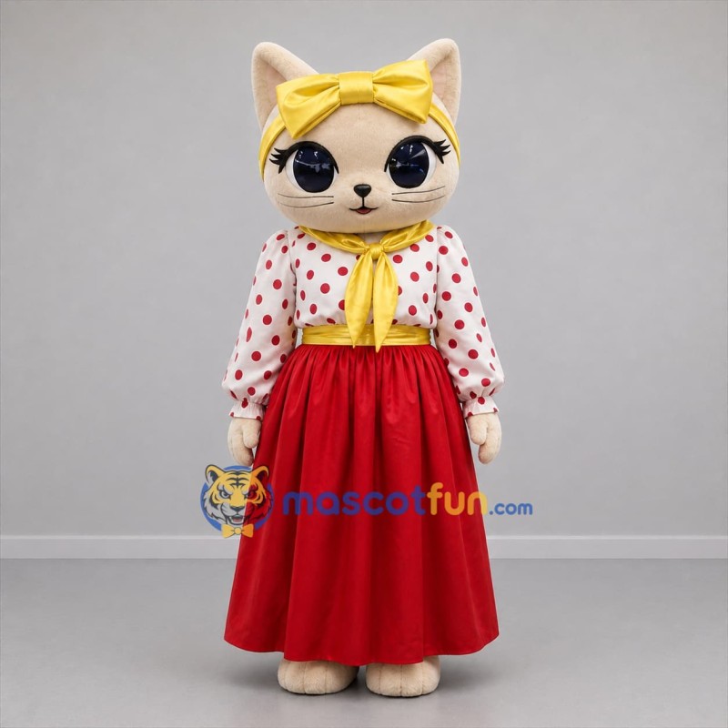 Custom Cream Red and Yellow Cat Girl Mascot Costume Adult Full Body Suit for Children's Events