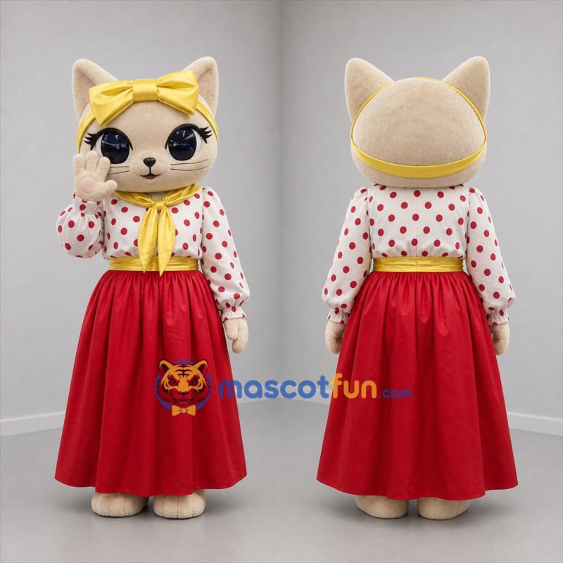 Custom Cream Red and Yellow Cat Girl Mascot Costume Adult Full Body Suit for Children's Events