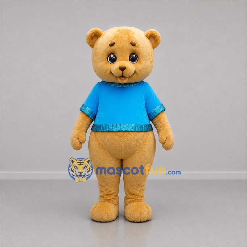 Custom Golden Brown and Blue Teddy Bear Mascot Costume Adult Full Body Suit for Children's Events
