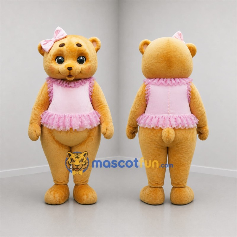 Custom Golden Brown and Pink Teddy Bear Girl Mascot Costume Adult Full Body Suit for Birthday Parties
