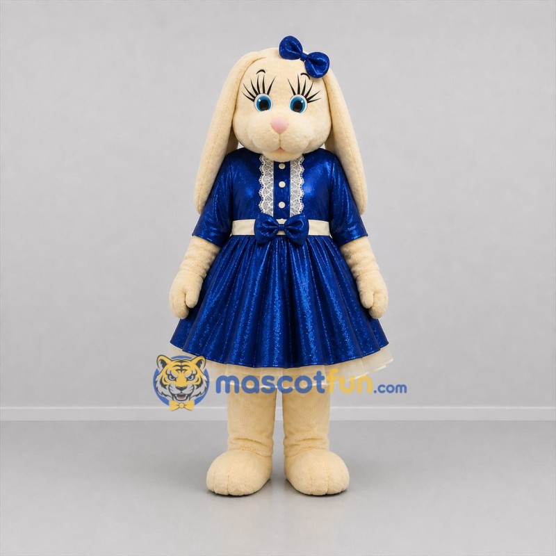 Custom Cream and Blue Rabbit Girl Mascot Costume Adult Full Body Suit for Easter Events