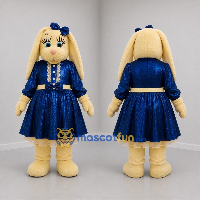 Custom Cream and Blue Rabbit Girl Mascot Costume Adult Full Body Suit for Children's Events