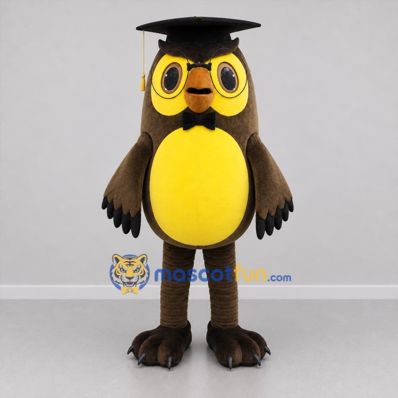 Custom Brown and Yellow Graduation Owl Mascot Costume Adult Full Body Suit for Graduation Events
