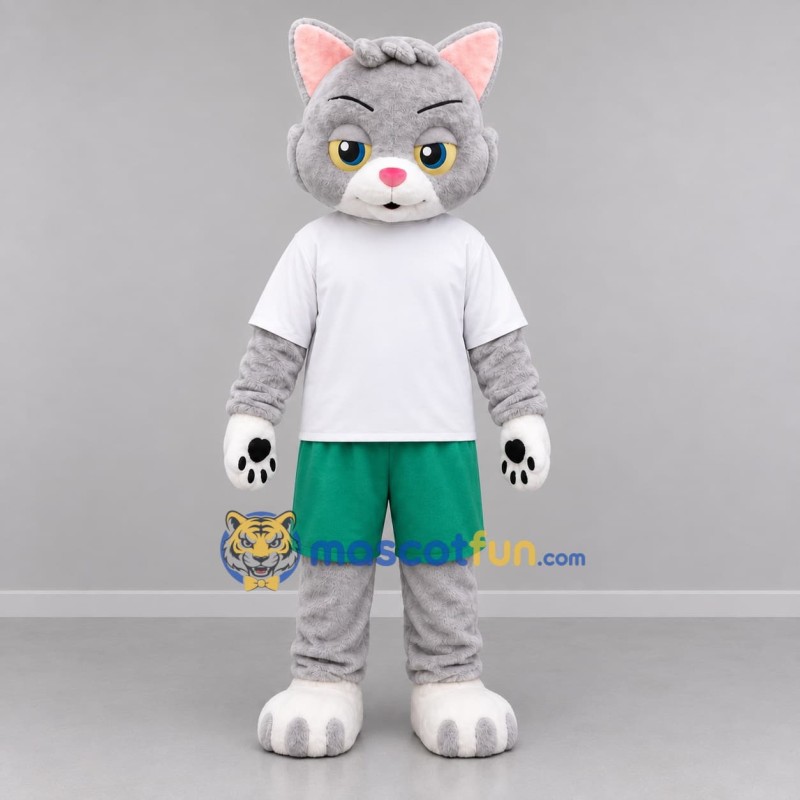 Custom Gray White and Green Cat Mascot Costume Adult Full Body Suit for Children's Events