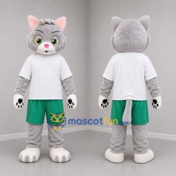Custom Gray White and Green Cat Mascot Costume Adult Full Body Suit for Children's Events
