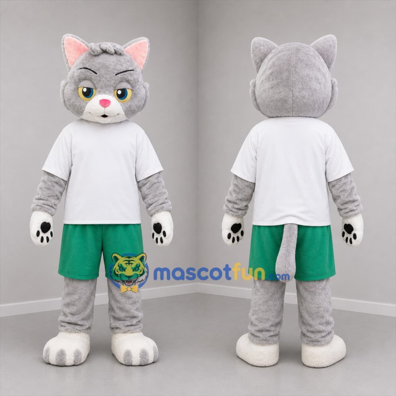 Custom Gray White and Green Cat Mascot Costume Adult Full Body Suit for Children's Events