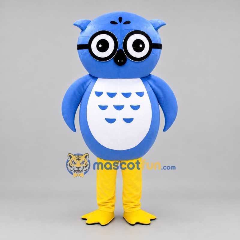 Custom Blue White and Yellow Owl Mascot Costume Adult Full Body Suit for School Events