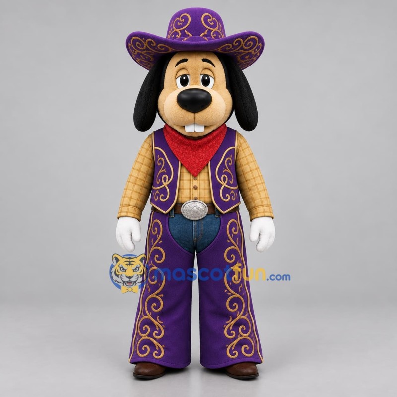 Custom Purple and Gold Cowboy Dog Mascot Costume Adult Full Body Suit for Western Events