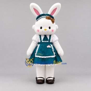 Custom White and Teal Rabbit Girl Mascot Costume Adult Full Body Suit for Easter Events