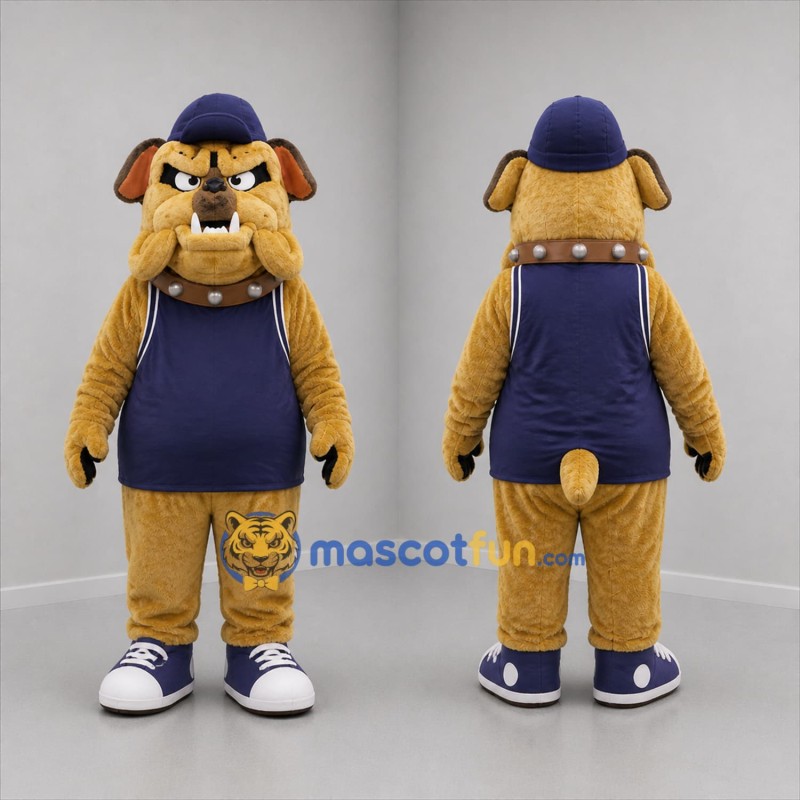 Custom Tan and Navy Blue Bulldog Mascot Costume Adult Full Body Suit for Sports Events