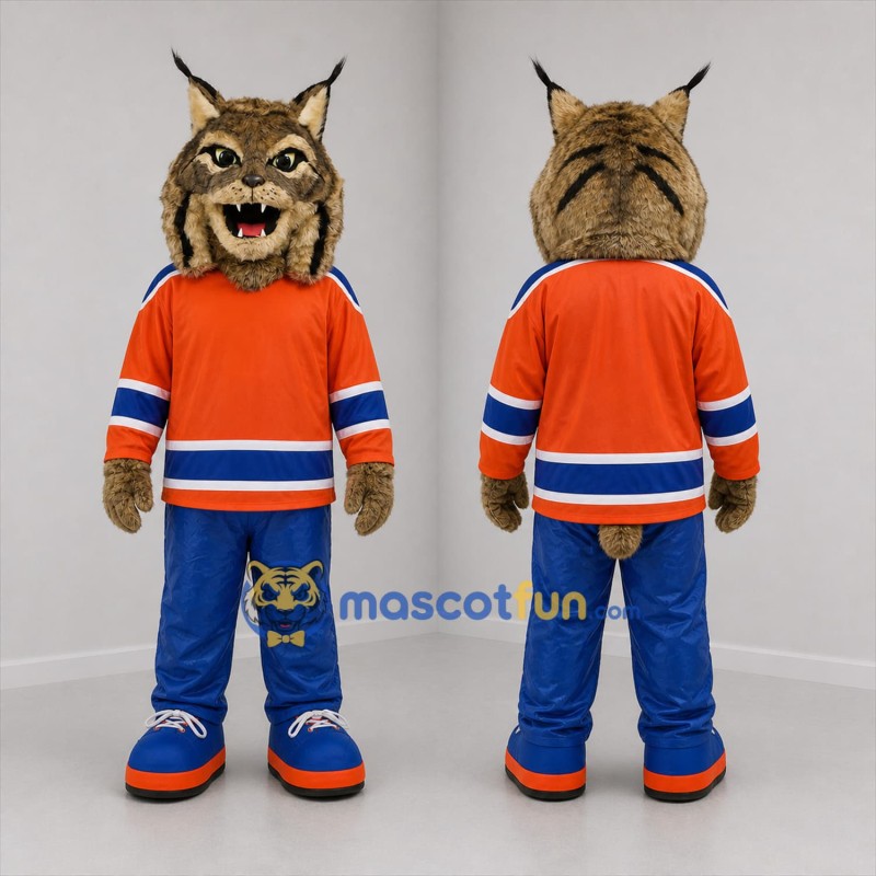 Custom Brown Orange and Blue Lynx Mascot Costume Adult Full Body Suit for Sports Events