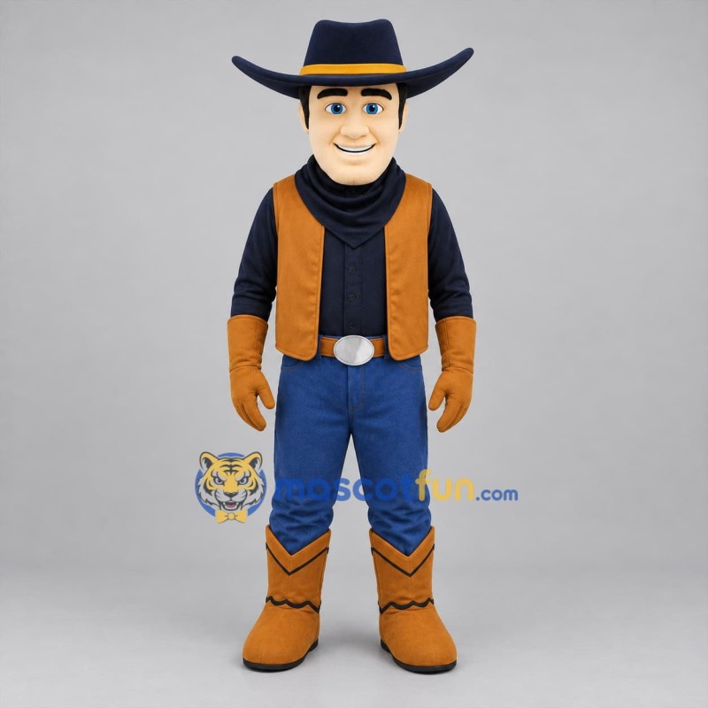Custom Brown and Navy Blue Cowboy Mascot Costume Adult Full Body Suit for Western Events